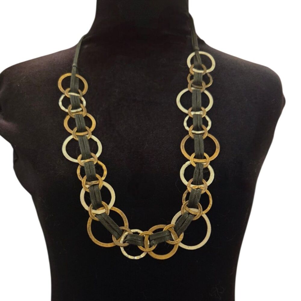 Mixed Metal Gold Silver Circle Link Necklace Black Cord Long Boho Statement